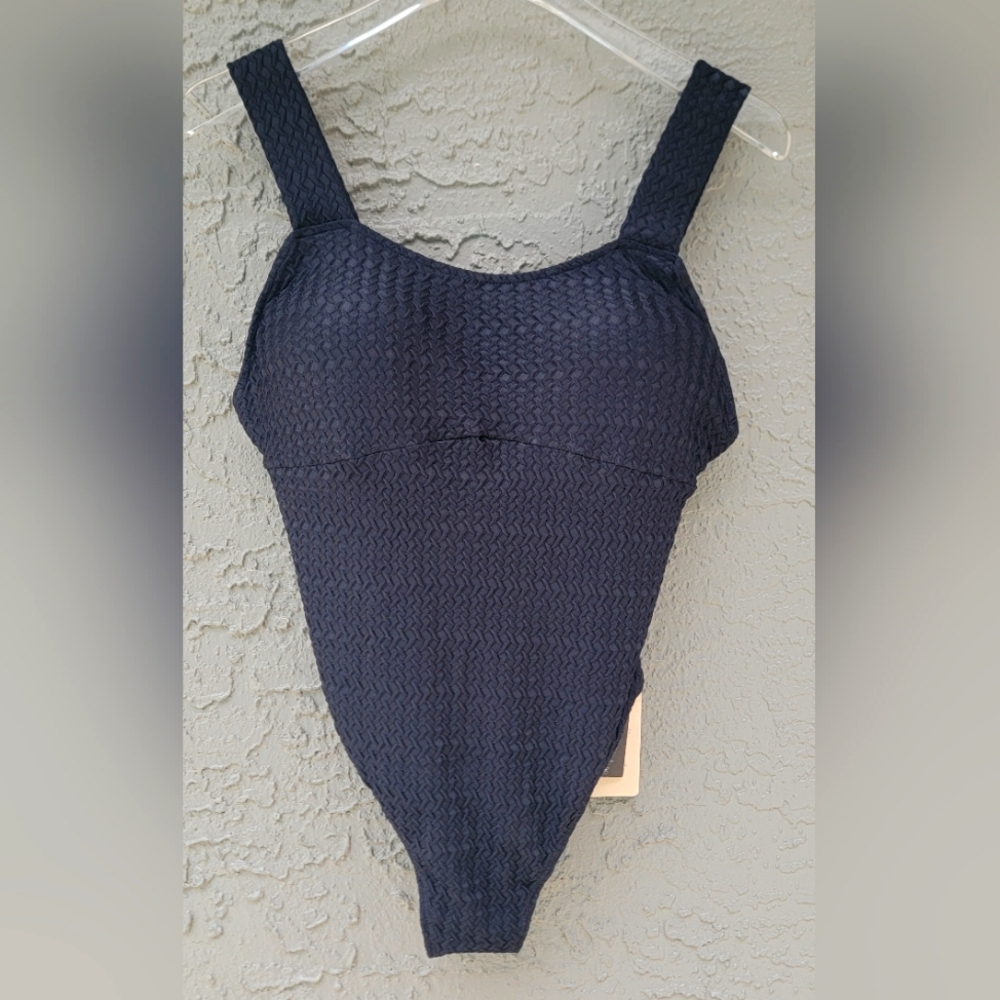 Capim Branco black embossed textured Brazilian thick strap one piece swimsuit